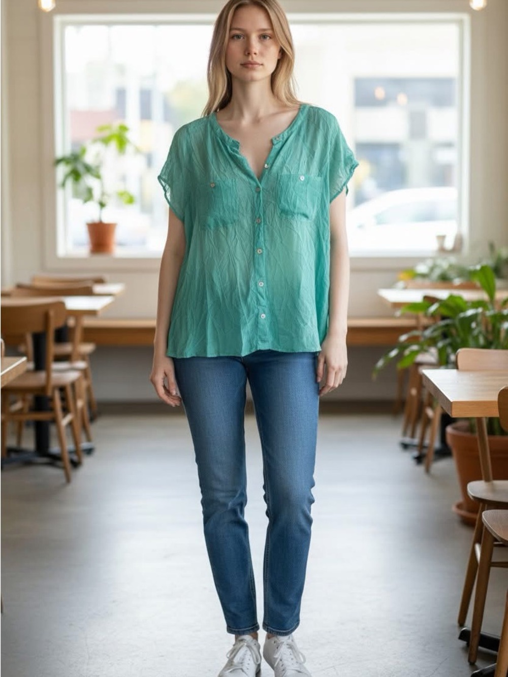 Free People ‘Cardiff Aqua Sheer Blouse’ Size L